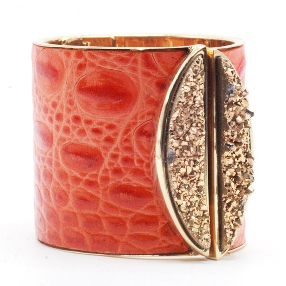 Fabrizio Giannone Designer Signed Orange Color Leather Gold Stone Clamp Bracelet - Picture 5 of 12